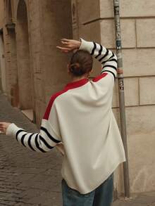 Damen gestreifter Kontrast-Farbe Lässig Pullover, warm und bequem für Pendeln und Straßenmode im Frühling/Herbst