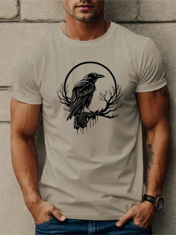 Camiseta Masculina Corvo Gótico – 100% Algodão | Estilo Alternativo e Impactante  Verão    Ajuste Regular    Nenhum