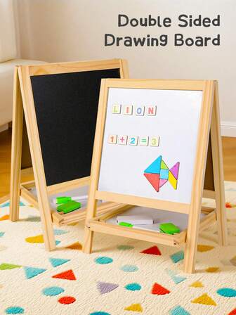 Kids Drawing Board With Double-Sided Blackboard And Whiteboard, Wooden Board With Magnetic Letters & Numbers - Educational Drawing & Learning Board For Toddlers & Children