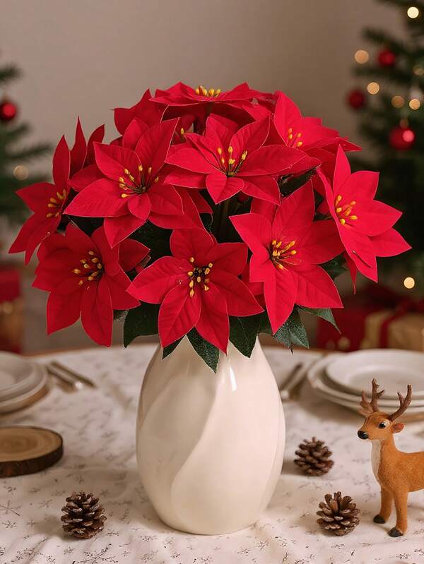1/3/6pcs Artificial Poinsettia Flowers, Silk Red Christmas Flower, For Christmas Tree Decoration, Table Centerpiece, Wedding Decoration, Home Decoration, Room Decoration, Wreath Decoration