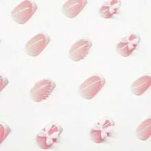 Short Press On Square Fake Nails - White French Tip, Pink Acrylic, Pearl Bow Charms Design - Glue On, Glossy Full Cover Stick On Nails - 24 Pcs - 粉色 - 查看 3