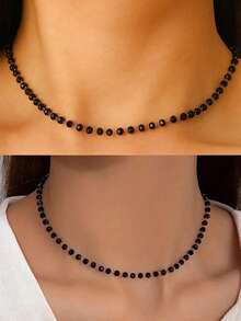 Elegant Women's Stainless Steel Necklace/Bracelet/Anklet With Black Round Beads & Golden-Tone Accents - Classic Minimalist Design, For Everyday Casual Or Formal Wear, Year-Round Jewelry Gift