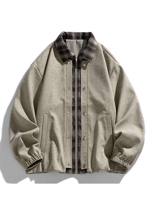 Plus Size Men's Turndown Collar Jacket, Fashionable Casual Plaid Patchwork Outerwear, Autumn/Winter