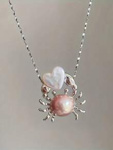 1 Elegant Crab-Shaped Heart Pendant Necklace - Rose Gold Tone, Imitation Pearl And Rhinestone Design, Perfect For Everyday Wear And Christmas Gifts | Fashion Accessory | Exquisite Craftsmanship - 螃蟹吊墜 - 查看 5