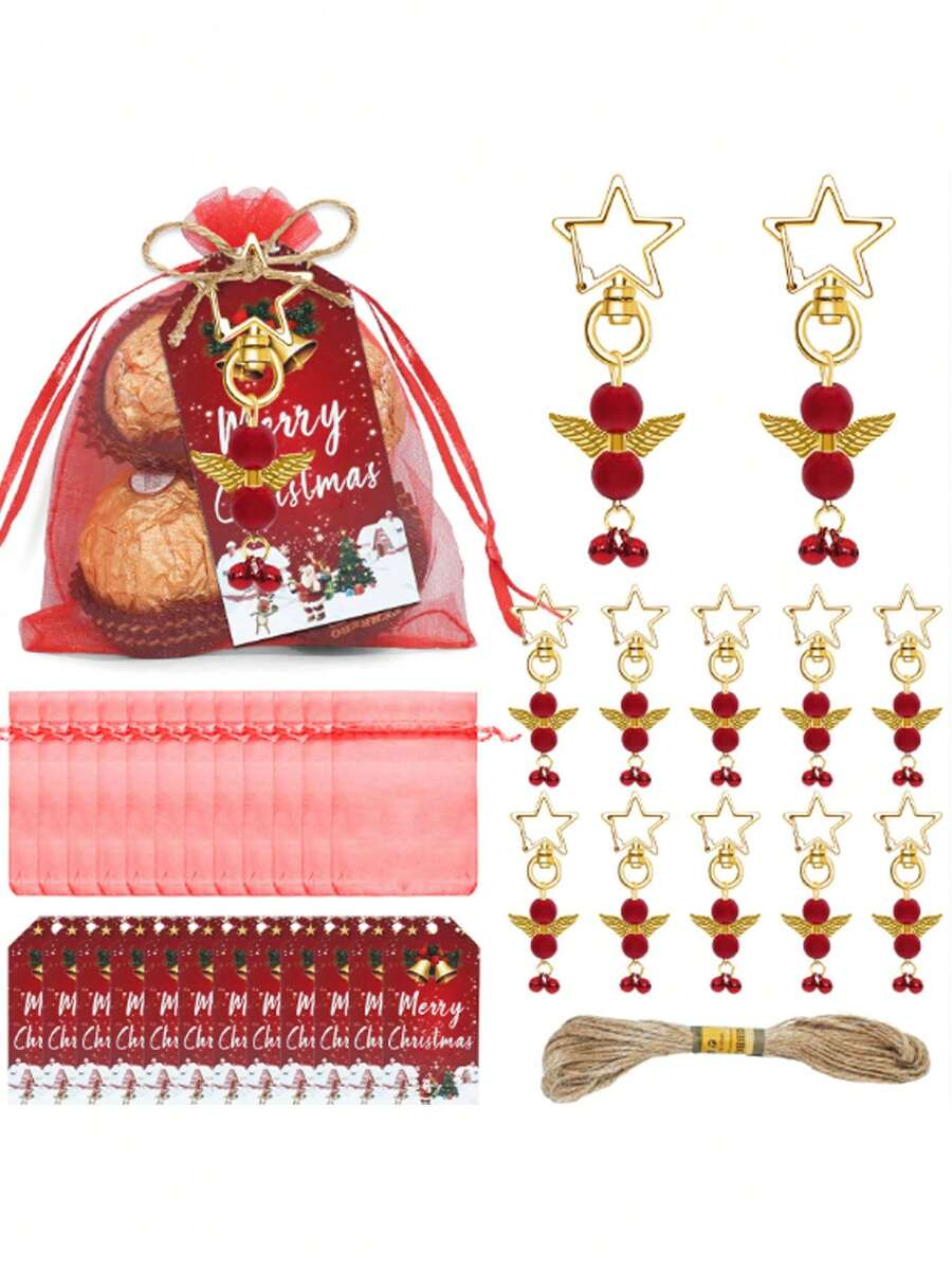 60pcs Christmas Angel Keychain Set, Includes 5pcs Keychains, 5pcs Christmas Tags, 5pcs Red Organza Bags And 5pcs Jute Ropes, Suitable For Christmas Party Favors, Christmas Tree Decorations, Bag Charms, DIY Crafts, Party Supplies, Holiday Party Gifts - Multicolor - View 1