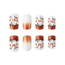 24 Pcs Fall Thanksgiving Orange Press On Nails Short Square - ZWENJIE Cute Glitter Fake Nails Press Ons Nail Art Tips With Autumn Leaves Lattice Design Full Cover Acrylic False Nails Glue On Nails Kit - 款式 J04 - 查看 5