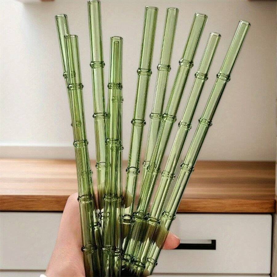 4pcs Bamboo Design Borosilicate Glass Straws With Cleaning Brush | Reusable, Dishwasher- | Perfect For Bubble Tea, Coffee & Roostertails | Party & Holiday Gift