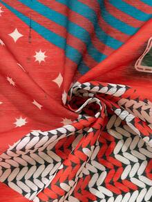 1PC Geometric Christmas Digital Print Curtain - Red Base With Multicolor Pattern, Soft Draping Fabric, Living Room Soft Decor Matching Curtain