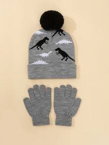 2pcs Jacquard Knit Dinosaur Pattern Beanie Hat And Gloves Set - 2pcs - View 9