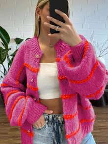 Womens Striped Cardigan Sweaters Casual Open Front Long Sleeve Button Down Knit Outwear - Hot Pink - View 1