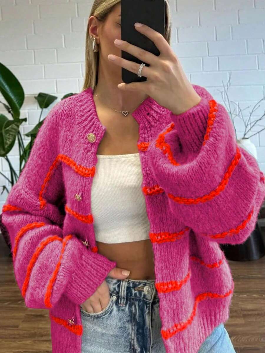 Womens Striped Cardigan Sweaters Casual Open Front Long Sleeve Button Down Knit Outwear - Hot Pink - View 1