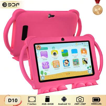 BDF 4GB RAM+64GB ROM/Tableta para niños de 7 pulgadas/Procesador de 4 núcleos a 1.3GHz/Android 13 MTK8321/Resolución IPS de alta definición 1280x800/Cámara de 2MP+5MP/Batería grande de 4000mAh/Compatible con WiFi, control parental, juegos educativos/Fabricada en plástico ABS+silicona BDF D10 (Incluye: caja, cable de datos, manual, OTG, aguja para tarjeta)