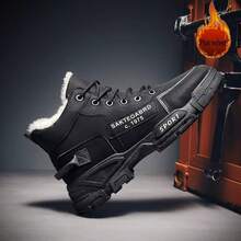 男士休闲户外雪地靴 - 厚垫黑色中帮系带运动鞋，采用耐用 PU 鞋面和 PVC 鞋底，适合日常穿着、旅行和户外活动