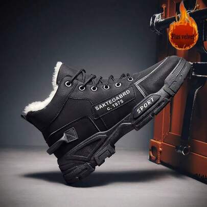 Men's Casual Outdoor Snow Boots - Thick Cushioned Black Mid-Top Lace-Up Sports Shoes, With Durable PU Upper And PVC Sole, Suitable For Daily Wear, Travel And Outdoor Activities