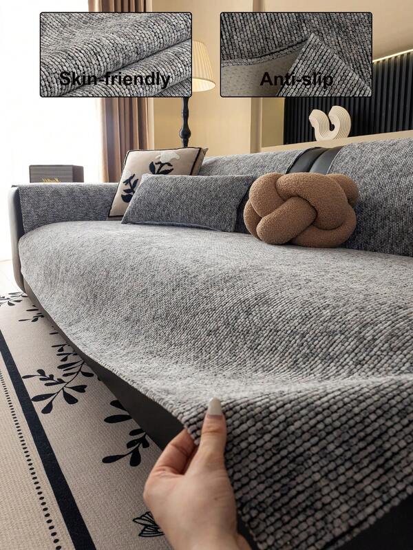 1pc Solid Color Chenille Sofa Cushion Cover, Minimalist Starry Pattern Sofa Slipcover, Anti-Slip Anti-Scratch Sofa Protector, Home Decor For 1/2/3/4 Seater Sofa, All Season