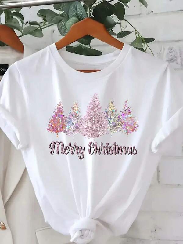 Women's Christmas Print Round Neck Short Sleeve Casual Versatile T-Shirt