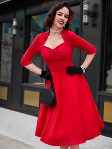 Vestido midi de baile estilo años 60 con cuello de corazón y vuelo en color rojo rosa vintage
