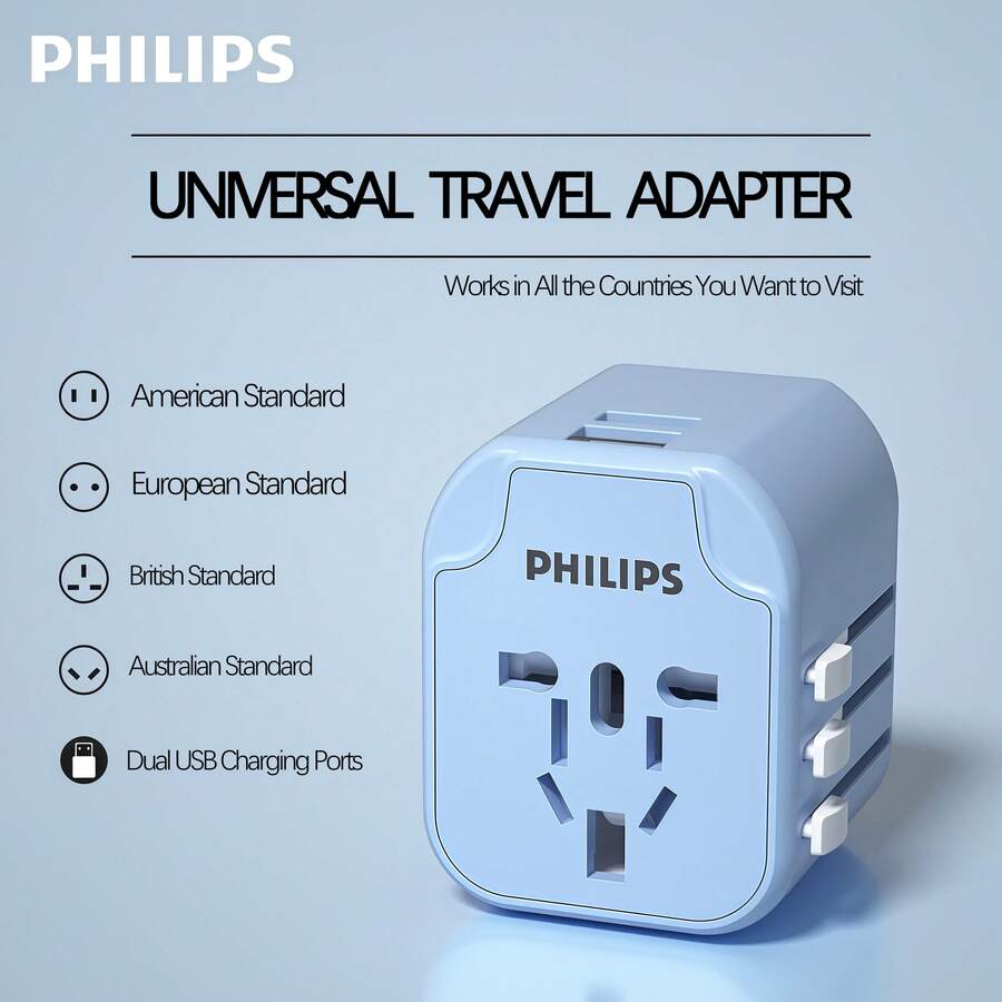 PHILIPS SPS1001A/93 全球旅行适配器，GaN 快速充电，双 USB-C/A 端口，一体式紧凑设计，可在 200 多个国家和地区使用 - 查看 1