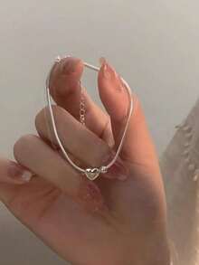 1pc Elegant Stainless Steel Silver Color Non-Fading Heart Shaped Pendant Bracelet, Perfect Choice For Valentine's Day, Anniversary, Daily Fashion Wear, Suitable For Daily Life And Holiday Gifts Valentines - Silver - View 5