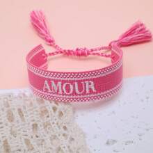 1 件手工刺绣法国“AMOUR”创意复古风格手链，适合情侣、节日礼物、祝福绳 - 粉色 - 查看 6