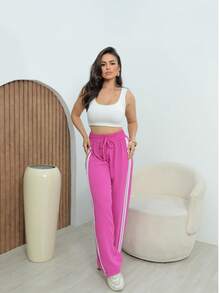 Striped Pantaloons, Track Pants, High Waist, Simple Striped, All - Màu Hồng Tươi - Xem 3