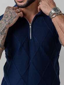 TRICOT DE LUXO Camiseta tricot gola polo com ziper masculino leve texturizado alta qualidade Primavera verão outono qualidade premium - Azul Marinho - Visão 4