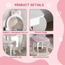 ZONEKIZ Kids Dressing Table With Mirror And Stool , Kids Vanity Table Girls Dressing Table With Drawer, Storage Shelf, Rabbit Design, For Ages 3-6 Years - White And Pink - White - View 6