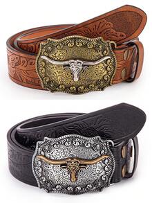 1pc Women's Western Cowgirl Embossed Vintage PU Leather Belt