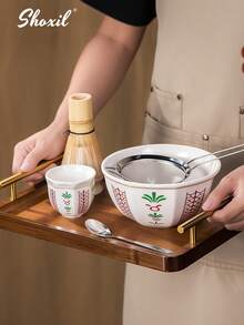 shoxil 1/6 件抹茶搅拌器套装、抹茶传统入门套装、抹茶茶具套装，包括抹茶碗（带倾倒嘴）、竹制抹茶搅拌器（茶筅）、勺子（茶勺）、搅拌器支架、抹茶筛、礼品盒 - Matcha Set - 查看 2