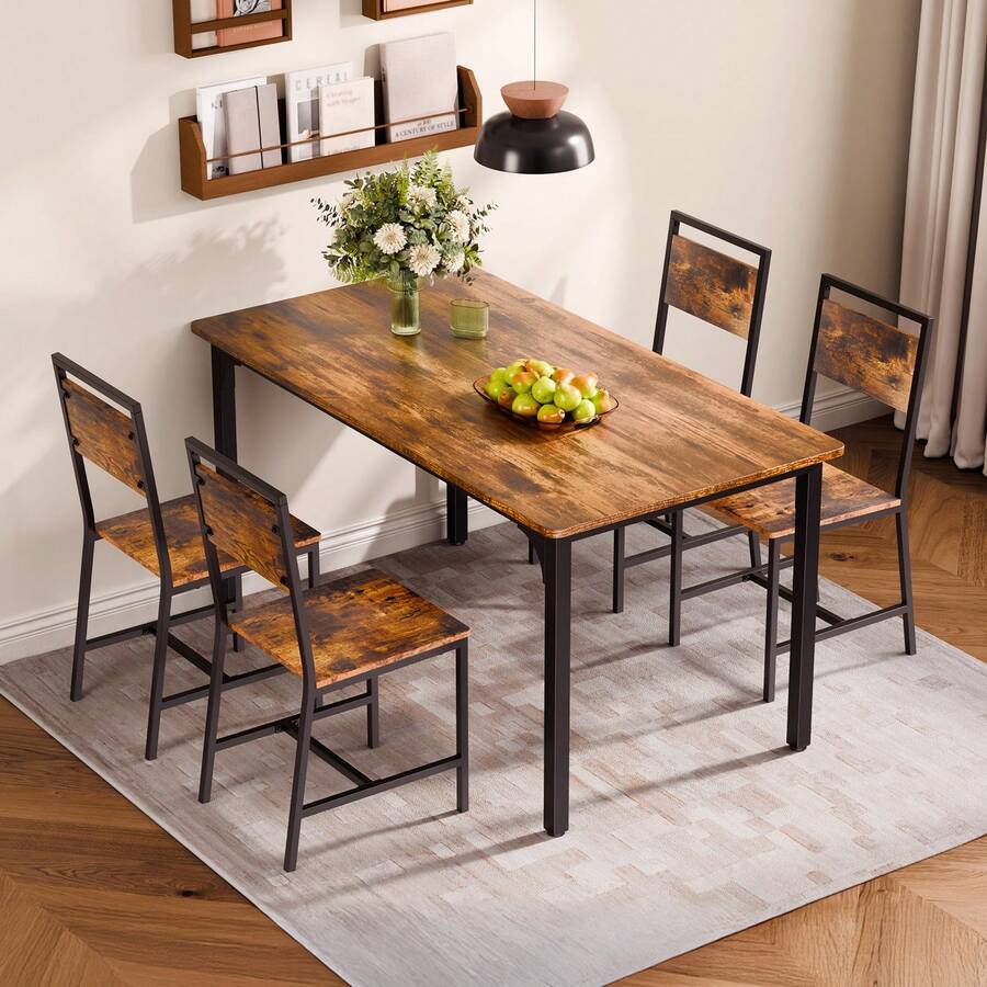 Dining Chairs Set Of 2, Wooden Table Chairs With Metal Frame And Backrest, Easy To Assemble Leather Side Chair, Modern Farmhouse Walnut Chair For Kitchen Living Room, Rustic Brown And Black - Sắt 2 miếng màu nâu - Xem 1