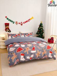 2/3pcs Grey Christmas Snowflake Gift Gingerbread Man Pattern Reversible Color Duvet Cover Bedding Set, Soft Breatheable Wrink-Free Better For Sleep, Luxury Hotel Style, Gift For Mom Dad Friend, Quilt Comforter Duvet Cover*1 Pillowcase*1/2 King Queen Full Twin Size.Gender Neutral Christmas Atmosphere - Grey - View 5