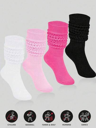 4 Pairs Slouch Socks, Women's Soft Knitted Boot Socks, Solid Color Compression Socks, Bubble Socks Crew Socks, Fall Autumn Winter Warm & Breathable Socks, Halloween Christmas Xmas Gift