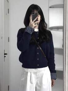 Navy Blue Round Neck Loose Patchwork Plaid Sleeve Cardigan For Women, College Style, Autumn/Winter