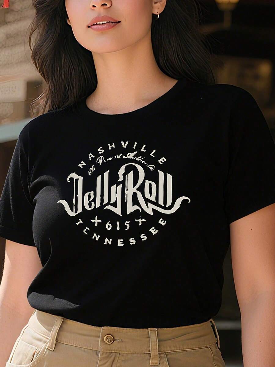 Camiseta Tops casuales de mujer con estampado de NASHVILLE Jelly Roll 220 g de algodón puro grueso y cómodo - Negro - Ver 1