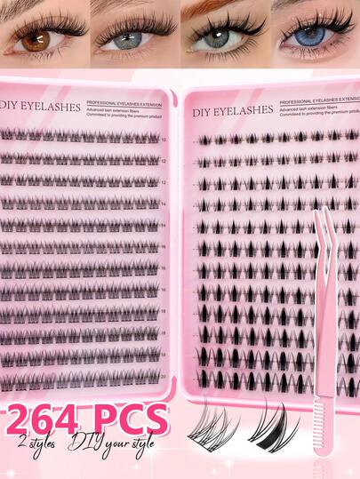 264 Sets Of Clustered False Eyelashes, Mixed False Eyelashes, 0.07 Mm Curl, 8-16 Mm, Suitable For Beginners' 3D Curled Type, Reusable Household Products.