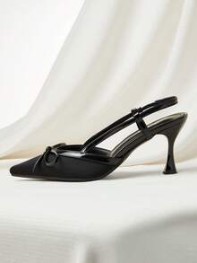 夏季优雅女士黑色尖头蝴蝶结高跟凉鞋，坡跟猫跟闭趾凉鞋，圣诞冬季圣诞礼物 - 黑色 - 查看 2