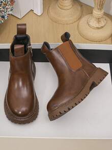 女童新款靴子，黑色和棕色真皮靴，时尚切尔西踝靴，适合小女孩，秋冬季 - 棕色 - 查看 5