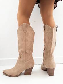 VIKIVIKI SHOES Women's Cowboy Boots With A High Shaft, Decorative Western-Style Embroidery, Elegant And Modern Design With A Wide Heel That Stylizes And Ensures Comfort Throughout The Day, A Versatile Model Ideal To Combine With Dresses, Skirts Or Skinny Jeans, Perfect For The Fall And Winter Season, Providing A Sophisticated, Daring And Modern Air To Any Daily Look Or Special Occasion. Estimated Delivery: 1-3 Business Days (Peninsula). - 卡其色 - 查看 4