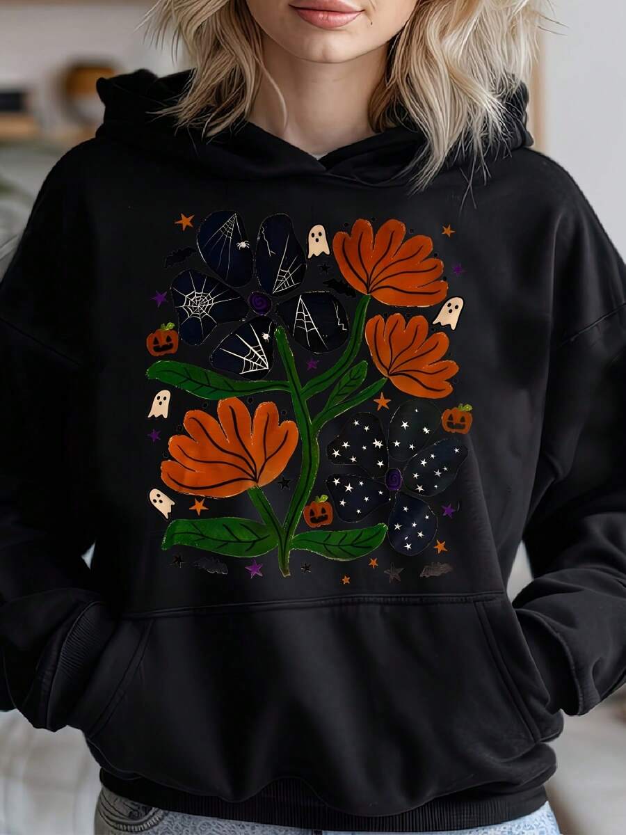 Women's Halloween Floral Print Hoodie - Cozy Blend Pullover With Spooky Design, Casual Long Sleeve Hooded Sweatshirt For Fall And Winter, Autumn Casual Top - Đen 8 - Xem 1