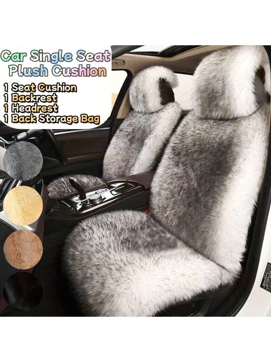 Thick Plush Car Front Single Seat Cushion - Stylish And Warm Plush Seat Covers With Backrest And Storage Pocket For Driver And Passenger - Universal Fit For Fall And Winter Auto Accessories