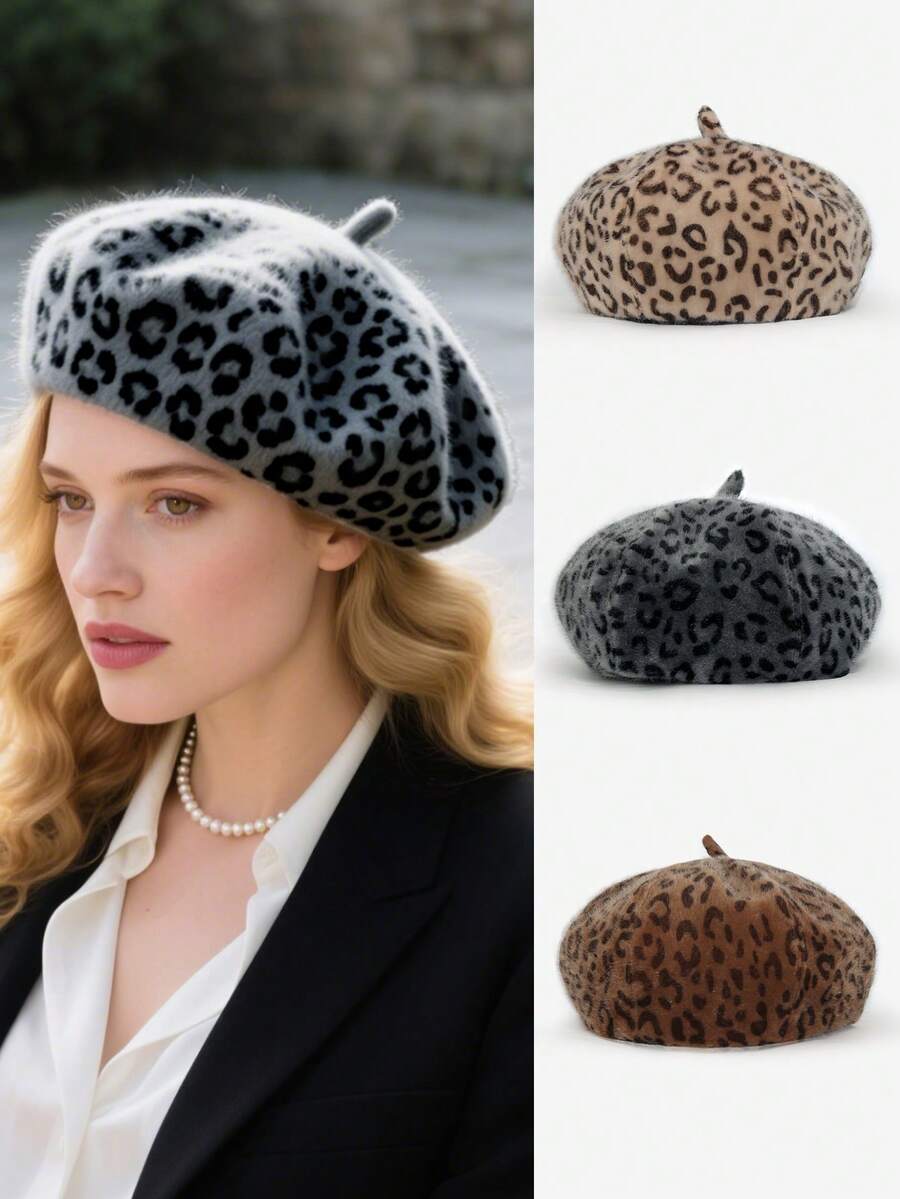 1 件成人豹纹八角帽，保暖防风画家帽，适合秋冬季日常外出，时尚配饰，馈赠佳品