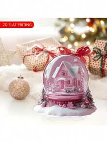 2D Flat, 1pc Elegant Pink Snowflake Candy House Christmas Decor - Winter Cottage In Crystal Ball With Candy Cane - Acrylic Desktop Decoration, Suitable For Home, Office, Holiday Party - Perfect Christmas Gift Decor, Holiday Scene Design, Cane Pattern, 2D Flat