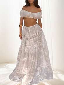 Conjunto de 2 piezas de blusa corta de encaje con escote de una línea y vestido con cordones y cintura alta para mujer - Blanco - Ver 3