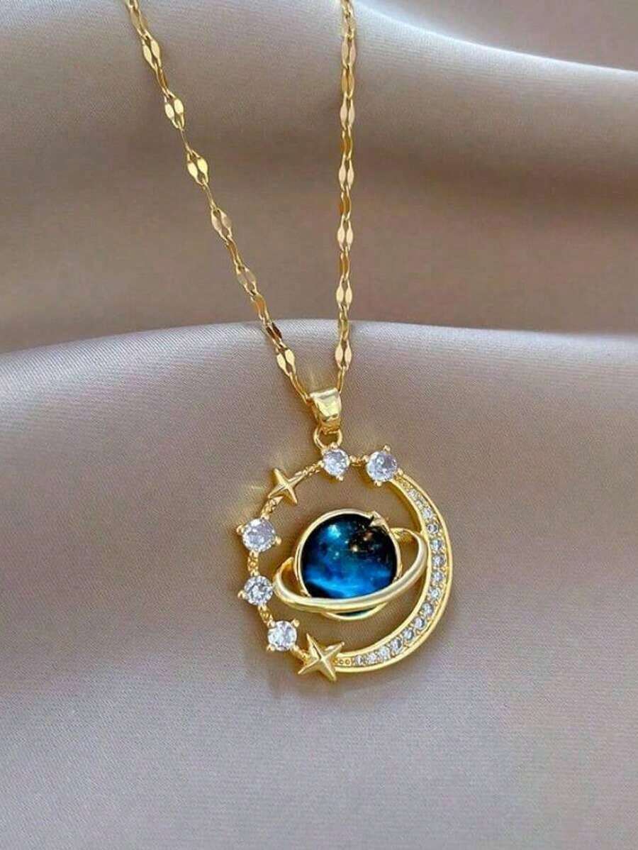 1pc Stainless Steel Ladies Necklace With Moon Shape Pendant Decorated With Starry Sky Stone And Rhinestone {Necklace Box Not Included} - 金子 - 查看 1
