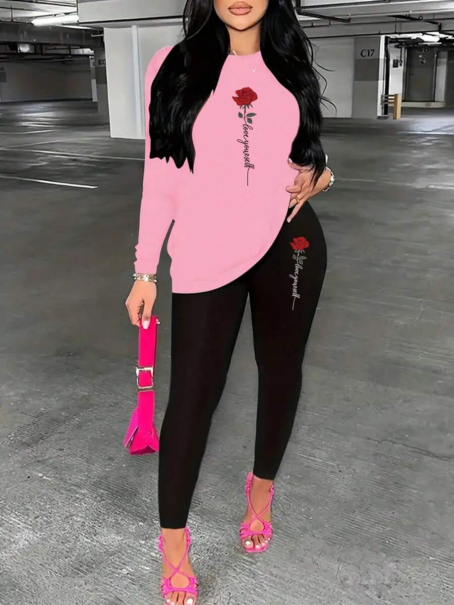 2pcs Rose Print Set, Long Sleeve T-Shirt And Leggings, Special Women's Edition - Pink - View 1