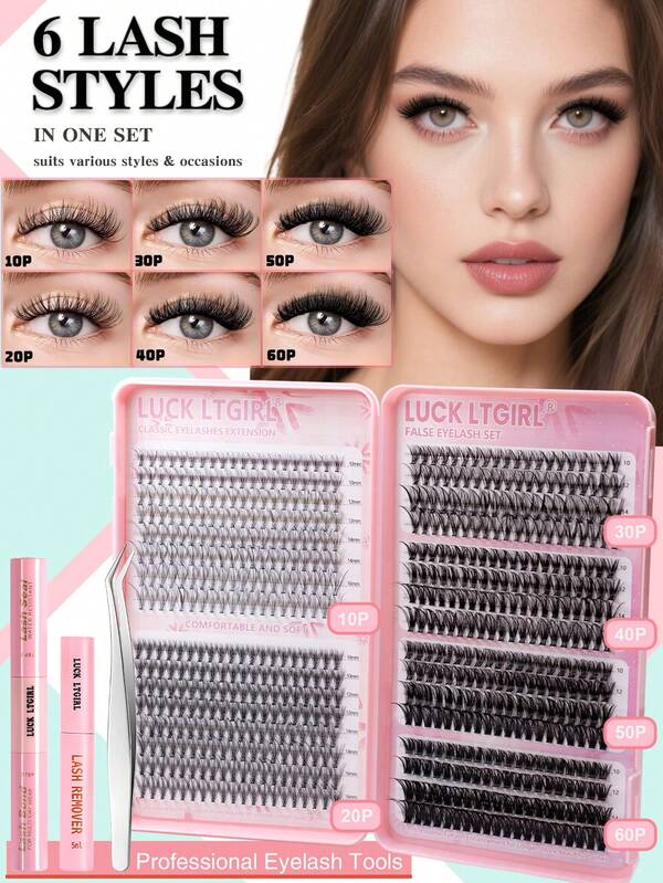 Kit de extensão de cílios em cluster com 640 peças e 6 estilos (do natural ao volumoso e de alta densidade), comprimentos variados (10-16 mm) | Inclui cola para cílios, selante e pinça – Ideal para uso "faça você mesmo": ultramacio, fino, fofo e leve. Feito à mão e reutilizável, perfeito para uso diário, encontros, festas, casamentos, ensaios fotográficos e arte de cílios personalizada.