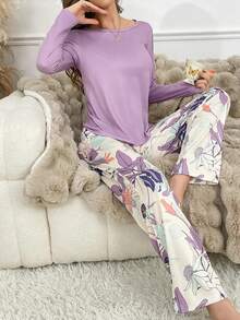 Purple Long Sleeve & Pants Pajama Set For Women - Purple - View 4