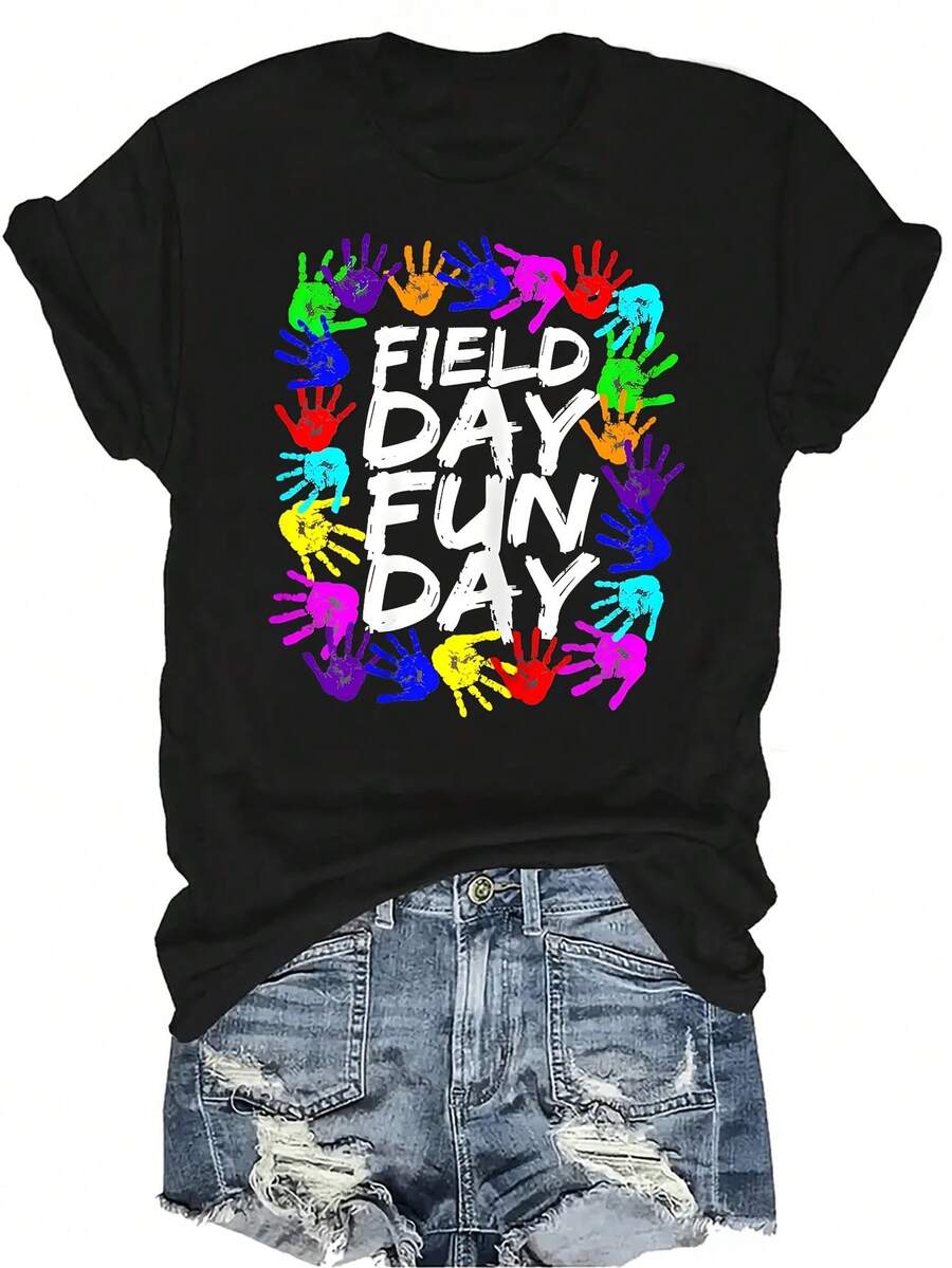 Camiseta de maestro de día de campo linda, unisex, de verano, casual, transpirable, con personalidad, cuello redondo, manga corta, camiseta de calle, versátil, adecuada para adolescentes y adultos - Negro - Ver 1