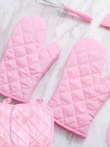 Solid Polyester Fabric Printing Oven Holder Set, Oven Gloves, Microwave Gloves And Table Protectors, Left And Right Hand Baking Gloves, Heat-Resistant Household Kitchen Boilers