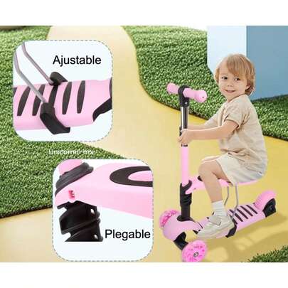 Patinete 2 en 1 Infantil con Asiento Desmontable y Ruedas LED, Scooter Triciclo Ajustable para Niños 3-8 Años, Plegable y Resistente 50 kg